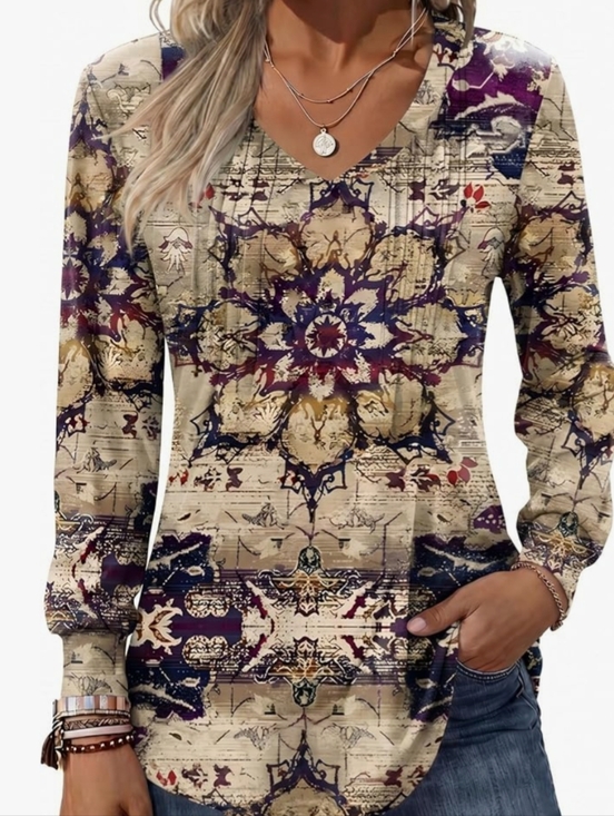 zeagoo Tops - Zeagoo Beige and Purple Boho V-Neck Long Sleeve Tunic